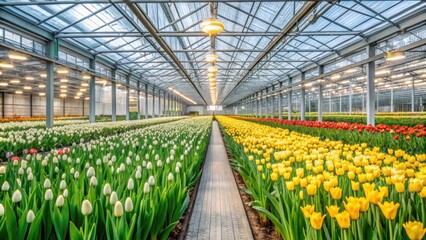 Sprouted bulbs of tulips and daffodils in a large industrial greenhouse, tulips, daffodils, bulbs, sprouted