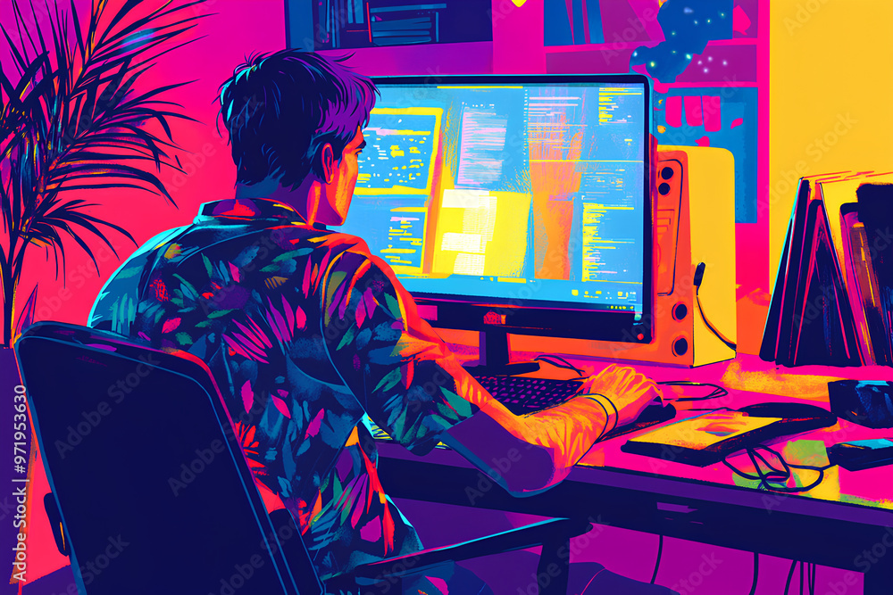 Poster a person coding at a vibrant desk with multiple screens and tech gadgets.