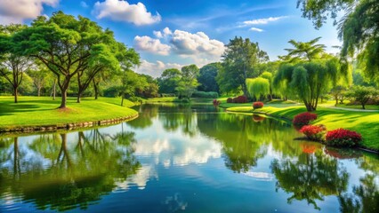 Obraz premium Tranquil park with lush greenery and serene lakes, Rama 9 Park, Bangkok, Thailand, outdoor, nature, landscape, green, trees