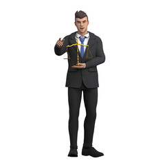 Lawyer in 3D. A male lawyer stands with both hands holding a symbol of justice. Male Professional