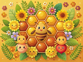 Naklejka premium Whimsical digital illustration of a smiling honeycomb dripping with golden honey, surrounded by scattered bees, flowers, and leaves in a warm, sunny color palette.