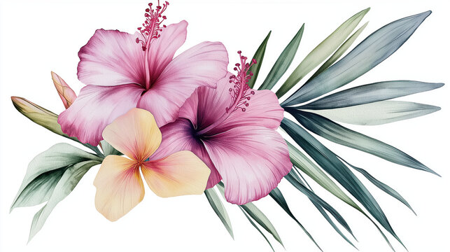 pink hibiscus flowers and leaves watercolor clip art preview