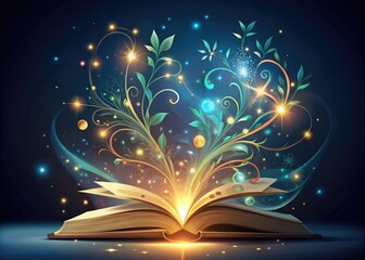 Whimsical fantasy vector illustration of a magical book with swirling pages, shimmering stars, and delicate vines, surrounded by mystical creatures and glowing celestial lights.
