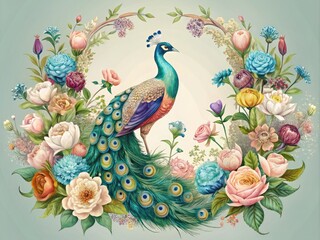 Obraz premium Whimsical floral wreath surrounds a majestic peacock amidst ornate foliage, adorned with intricate linework and soft, muted colors, evoking a nostalgic sense of elegance and refinement.