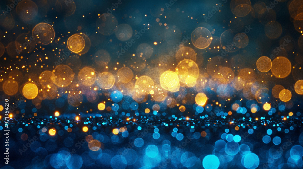Poster vibrant bokeh lights in blue and gold. a stunning background featuring shimmering blue and gold boke