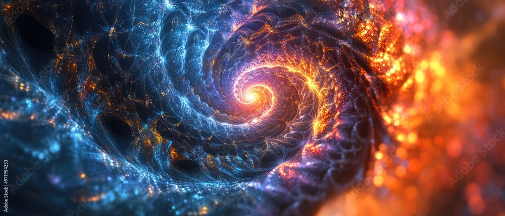 Poster abstract dynamic background featuring colorful lighting effects and spiral fractal art