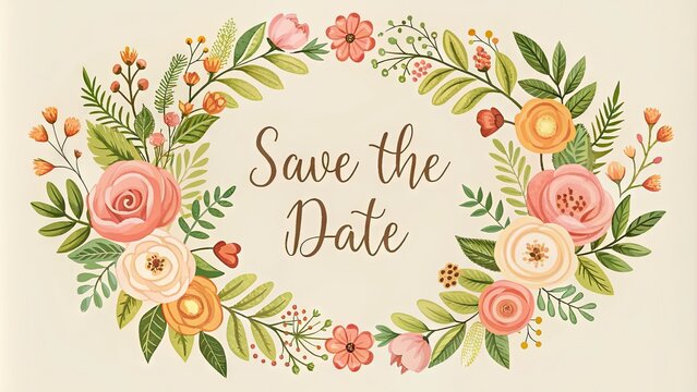 Whimsical hand-drawn design featuring a delicate floral wreath, elegant typography, and a subtle vintage feel, perfect for wedding or party invitation save-the-date announcements.