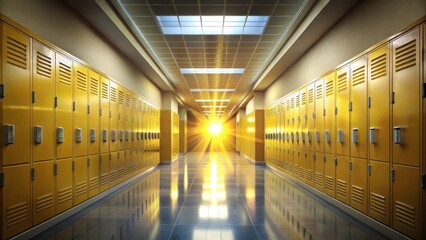 School hallway with yellow lockers and a beam of light illuminating the floor, evoking the feeling of Back to School