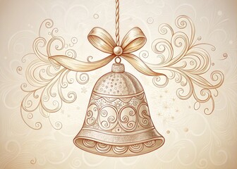 Whimsical, hand-drawn illustration of a delicate, ornate bell with intricate patterns and swirls, suspended from a dainty ribbon, on a soft, creamy white background.