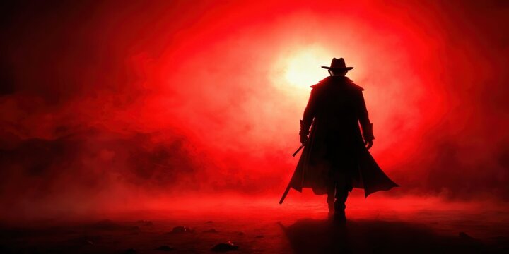 Silhouette of lone vampire hunter in red light , vampire, hunter, silhouette, night, pursuit, eerie, darkness