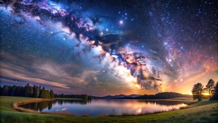 Night sky landscape with the Milky Way, Cygnus constellation, Andromeda galaxy, and Cygnus nebula , Milky way, Cygnus