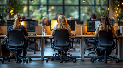 Back view of women at call center desk using computer and headset in busy office