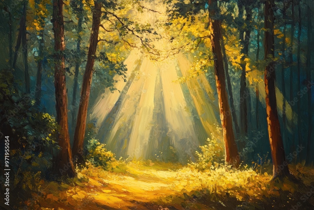 Poster sunlight streams through trees in a morning forest illuminating the scene with warm golden rays in t