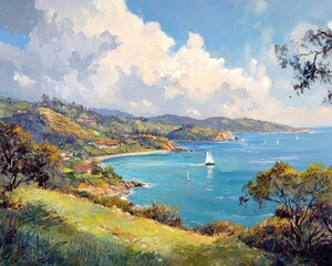 Fototapeta premium Oil painting capturing a panoramic view of a picturesque bay showcasing the beauty of coastal landscapes and serene waters