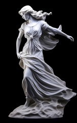 Stunning white marble statue of a graceful woman in motion standing against a black background. Marble statue of ballerina
