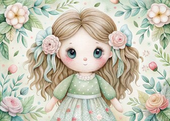 Fototapeta premium Whimsical, hand-drawn ragdoll figure with endearing facial expression, softly rendered in pastel hues, surrounded by delicate floral patterns and subtle texture.