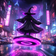 Obraz premium Witch Flying on Magic Circle in Neon City