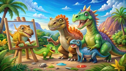 Naklejka premium Whimsical illustration of smiling prehistoric creatures, including T-Rex, Triceratops, and Stegosaurus, gathered around an easel, creating colorful artwork with crayons and paints.
