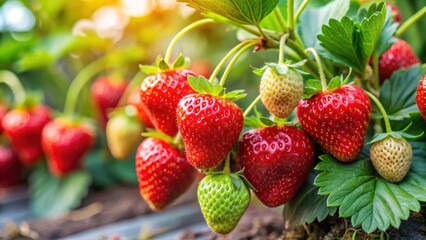 Bush of ripe organic strawberries in the garden. Berry close-up, strawberries, organic, ripe, garden, bush, red, juicy