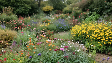 October English garden still full of flowers Color In Late Autumn forest background,
