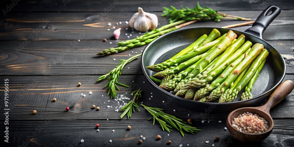 Wall mural fresh green asparagus cooked in a pan on a wooden black table with rosemary and salt, asparagus, gre