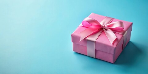 Fototapeta premium Pink gift box with ribbon on blue background, gift, pink, box, ribbon, blue, background, present, surprise, celebration