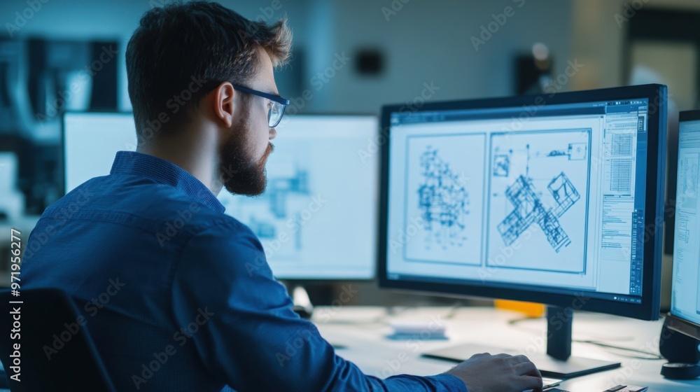 Poster engineer analyzing cad model for performance optimization, modern workspace, 3d illustration