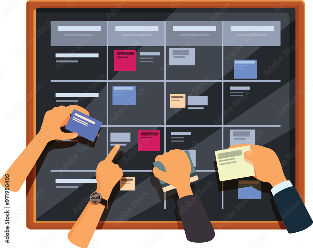 Aufkleber hands of businesspeople using sticky notes on a kanban board, planning and scheduling tasks
