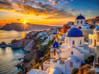 Whitewashed houses and blue-domed churches cascade down steep cliffs, overlooking the turquoise Aegean Sea in a picturesque Greek island village at sunset.