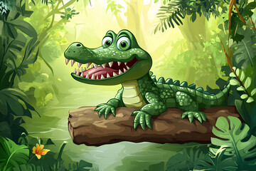 A cartoon crocodile lounging on a log in a vibrant jungle setting.