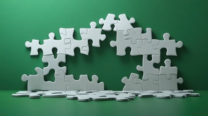 Fototapeta premium puzzle game white pieces fly away from the center isolate on green screen chroma key