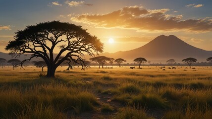 realistic illustration of a beautiful savannah scene