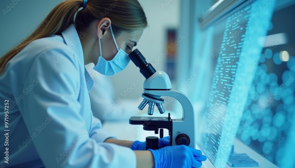 Poster focused scientist studying under microscope