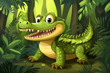 Fototapeta premium A cartoon crocodile smiles in a vibrant jungle setting, showcasing a playful and friendly character.