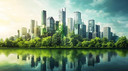 Cityscape with Green Trees and Water Reflection