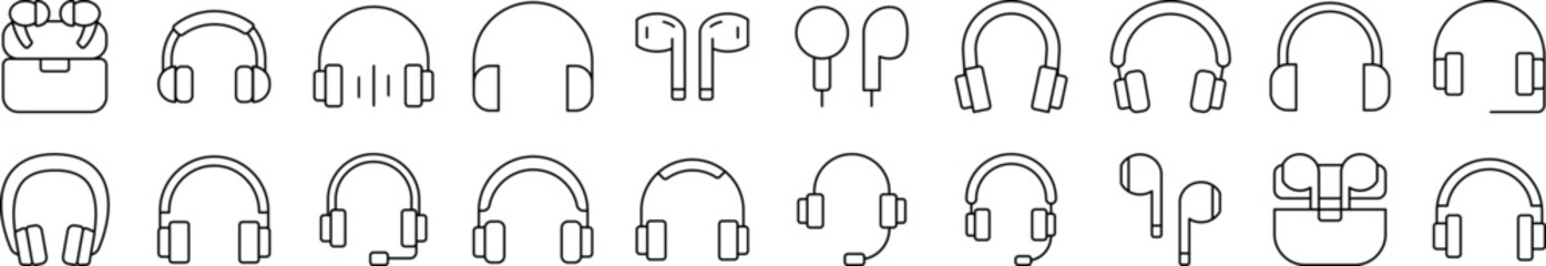 Pack of Line Icons of Headphones and Earphones. Editable Stroke. Minimalistic Linear Pictogram for Design of Cards, Apps, Banners, Posts