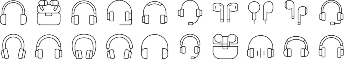 Bundle of Line Icons of Headphones and Earphones. Editable Stroke. Minimalistic Linear Pictogram for Design of Cards, Apps, Banners, Posts