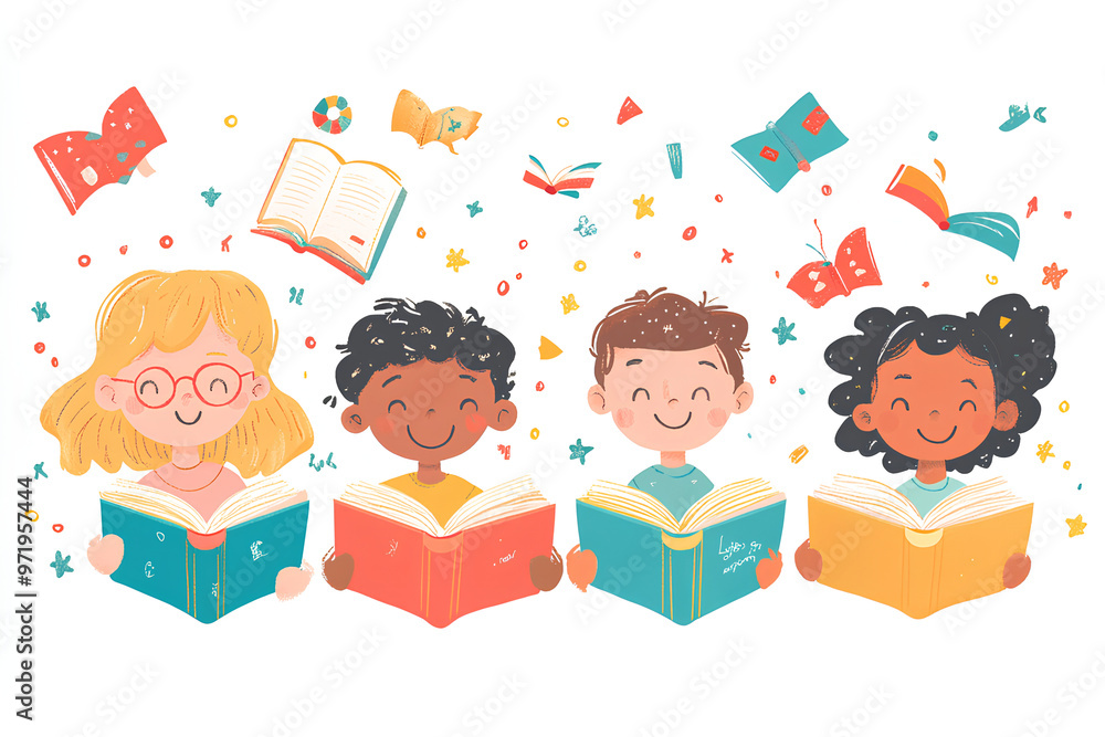 Poster children reading books with cheerful expressions and colorful elements around them.