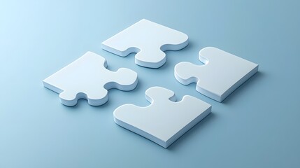 Four White Puzzle Pieces on a Light Blue Background