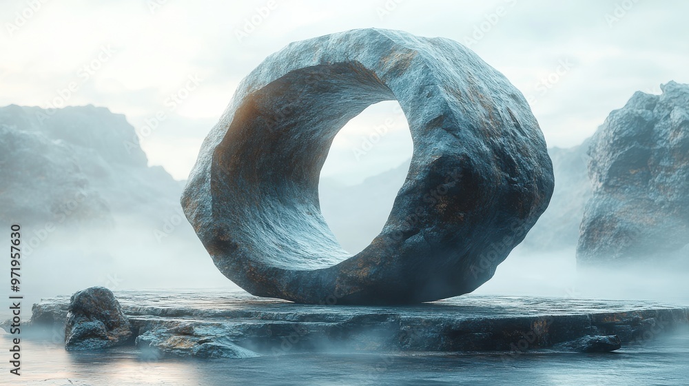 Poster abstract backgroun with broken rocks cobblestones ruins an geometric torus shape modern minimal show