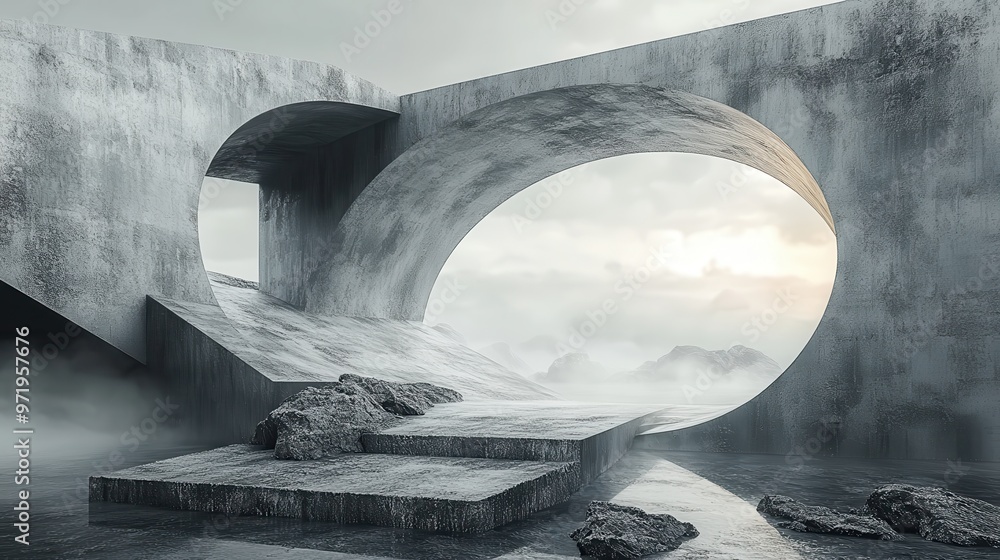 Poster abstract backgroun with broken rocks cobblestones ruins an geometric torus shape modern minimal show