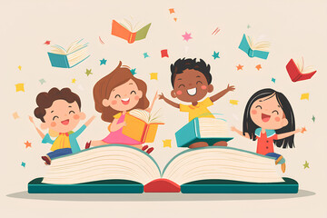 Children joyfully reading books with flying pages and stars around them.