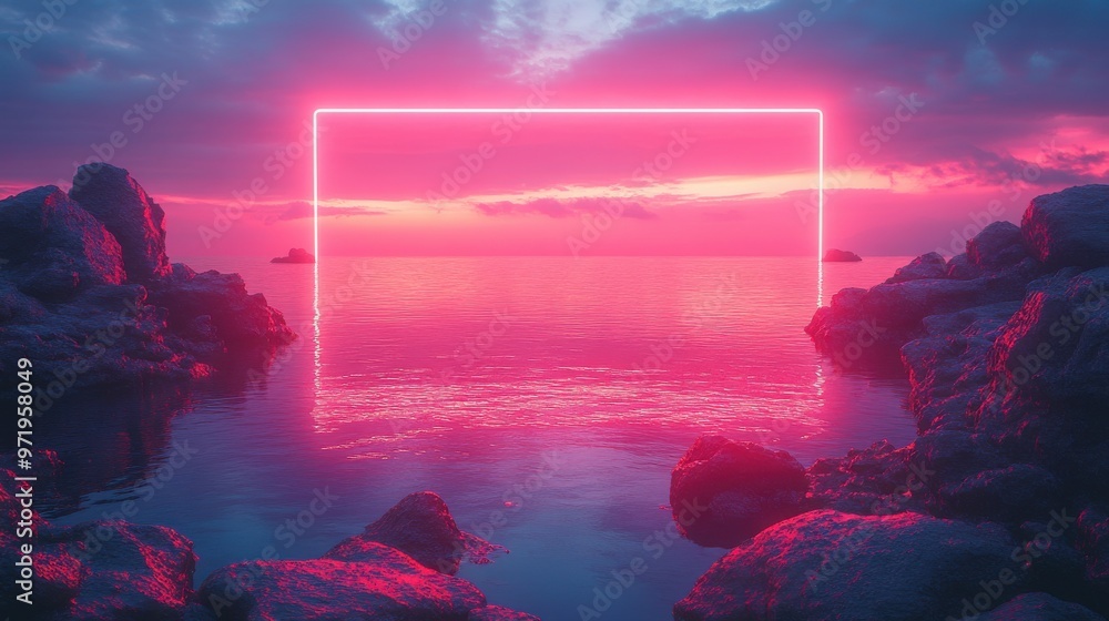 Poster abstract backgroun with neon rectangular frame an rocks cobble stone ruins standing in the water wit