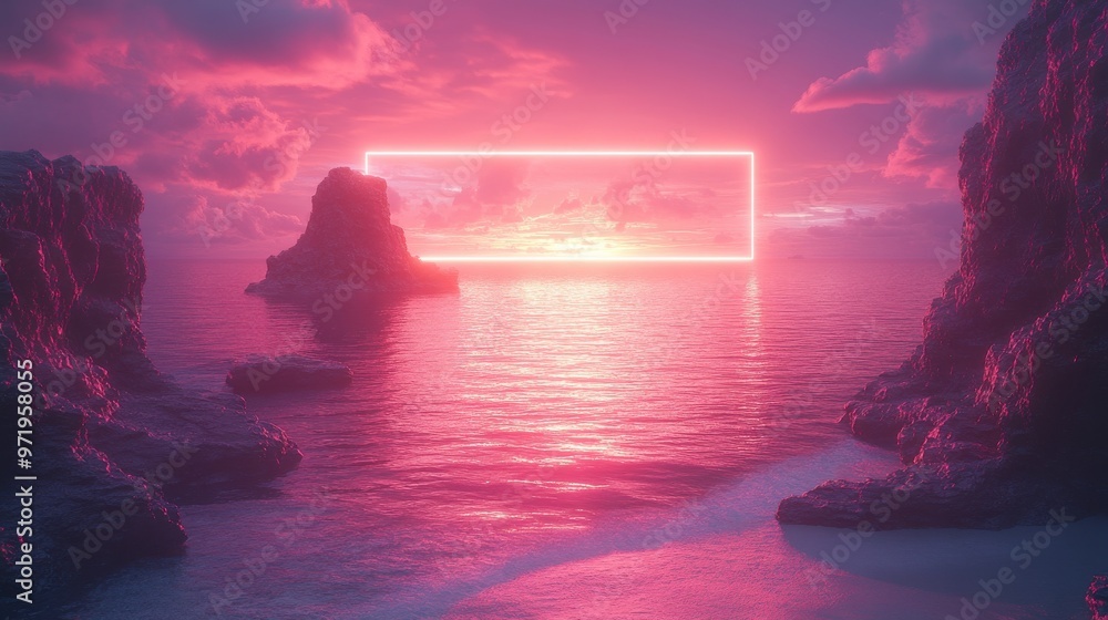 Aufkleber abstract backgroun with neon rectangular frame an rocks cobble stone ruins standing in the water wit