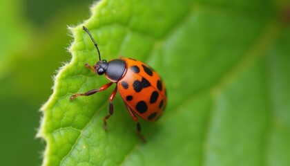 Fototapeta premium Vibrant Ladybug on Leafy Green