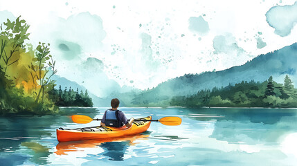 A peaceful watercolor scene of a person kayaking on a serene lake surrounded by mountains and lush greenery.