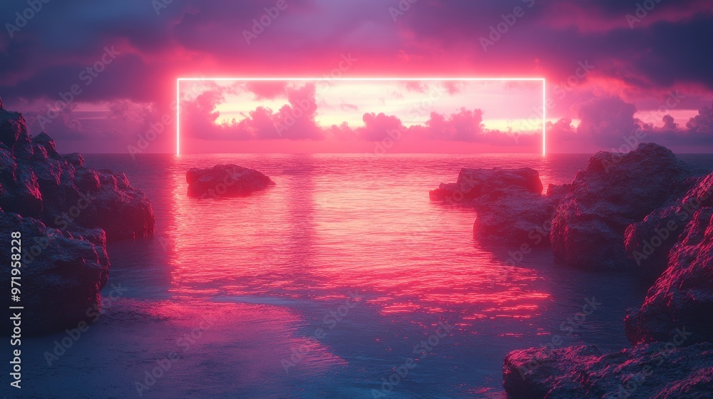 Poster abstract backgroun with neon rectangular frame an rocks cobble stone ruins standing in the water wit