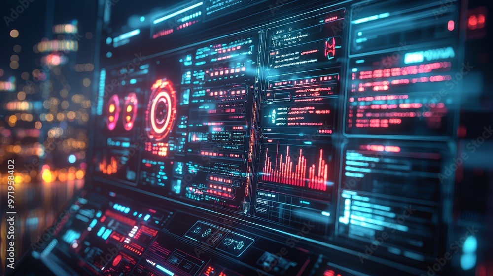 Aufkleber futuristic interface with neon lights and data visualizations