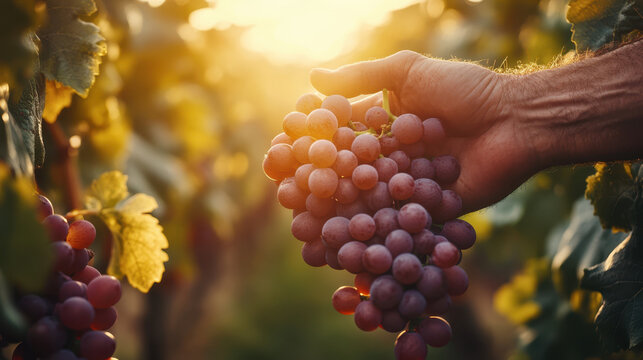 Harvesting ripe grapes in vineyard during sunset creates serene and rewarding atmosphere. farmers hand delicately holds bunch of grapes, showcasing beauty of natures bounty