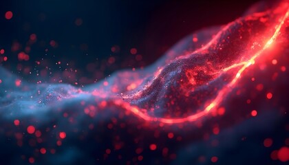 Colorful abstract waves of energy or data, with glowing particles and bokeh effects in a dark background